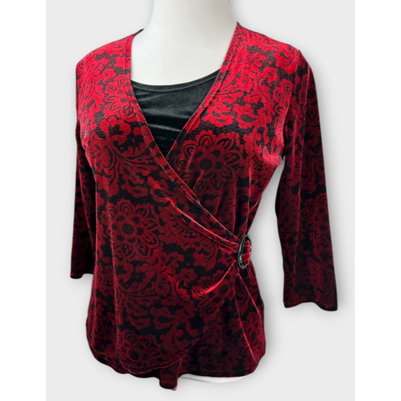 Choices Velvet Faux Wrap Blouse Lined Top Red Black Goth Vamp Whimsigoth Large - Picture 5 of 16